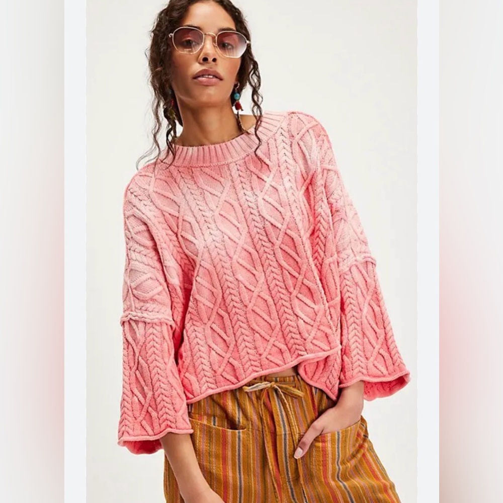 NWT Free People Washed Ashore cable stitch cotton sweater - color "Pink Rose” XS - Picture 1 of 5